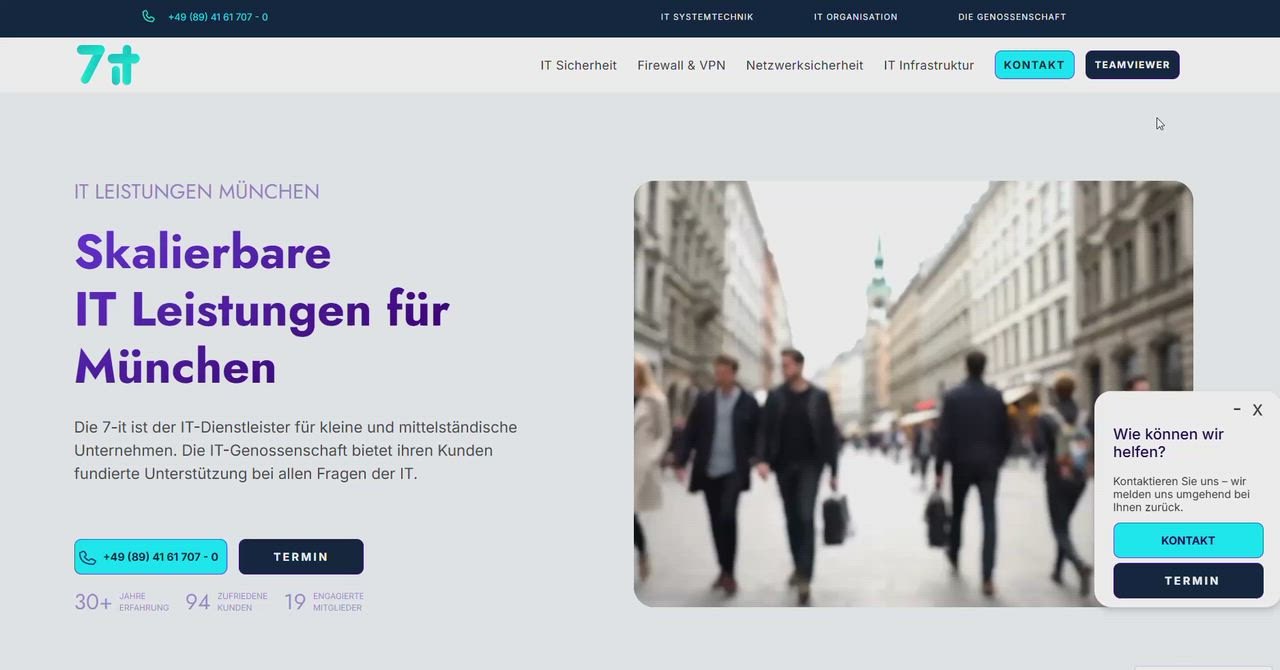 Startseite von 7-it mit violetter Überschrift „Skalierbare IT Leistungen für München“ und Straßenfoto