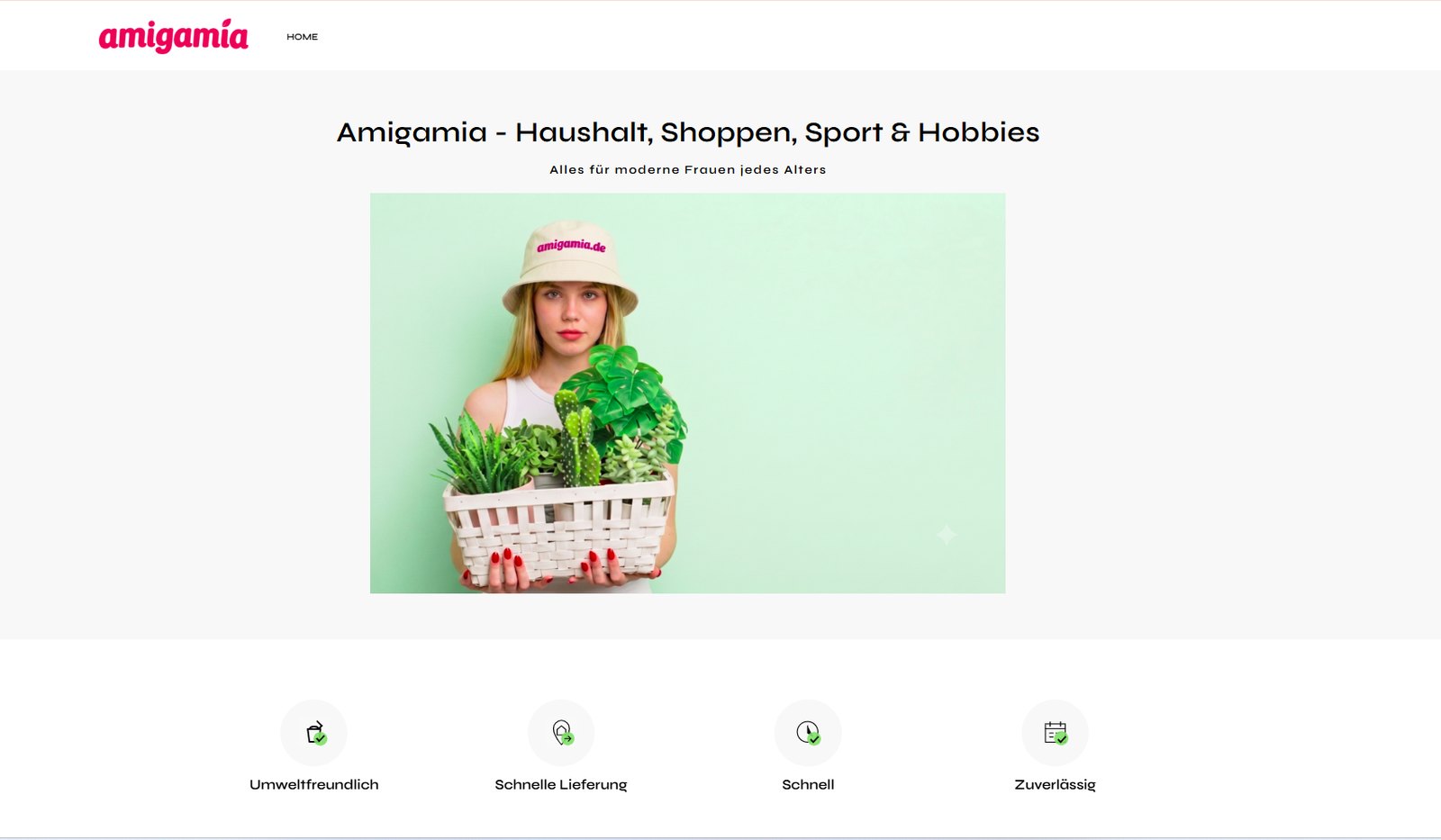 Startseite des Onlineshops Amigamia mit Produktfoto und Vorteilssymbolen