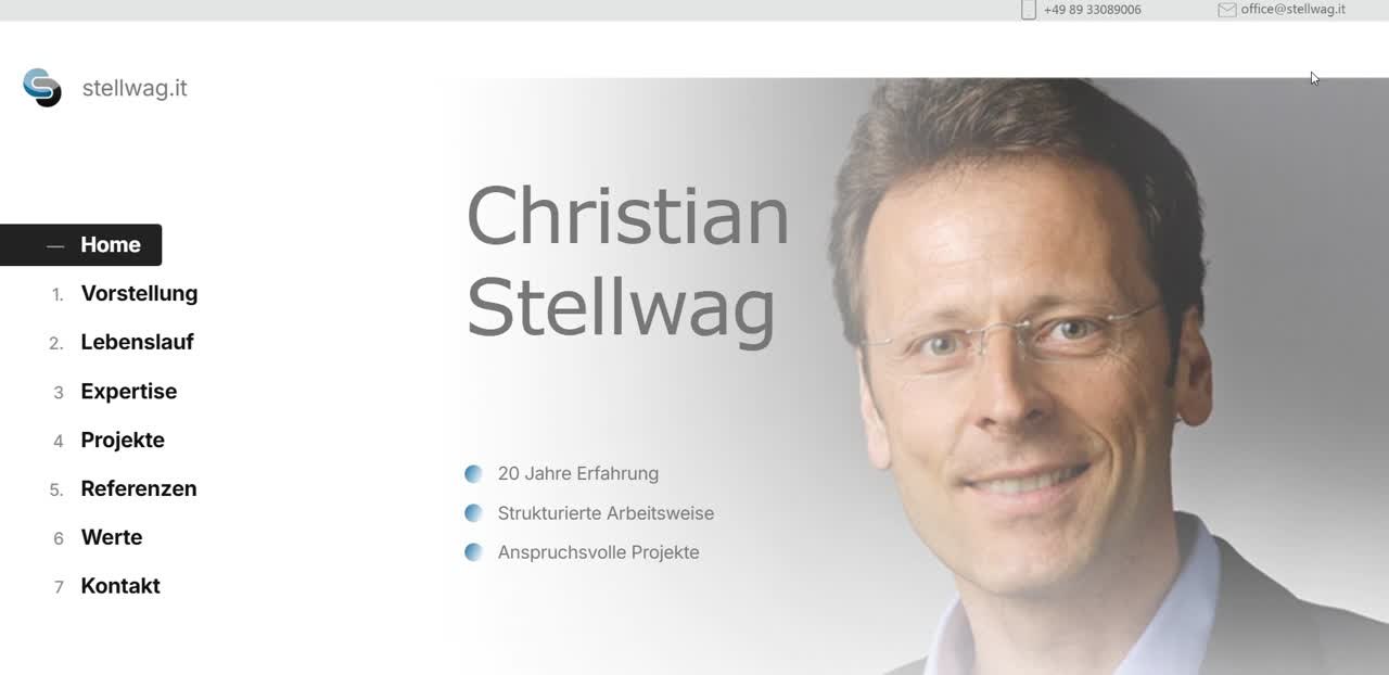 Startseite von Christian Stellwag mit Porträt und nummerierter Kapitel-Navigation