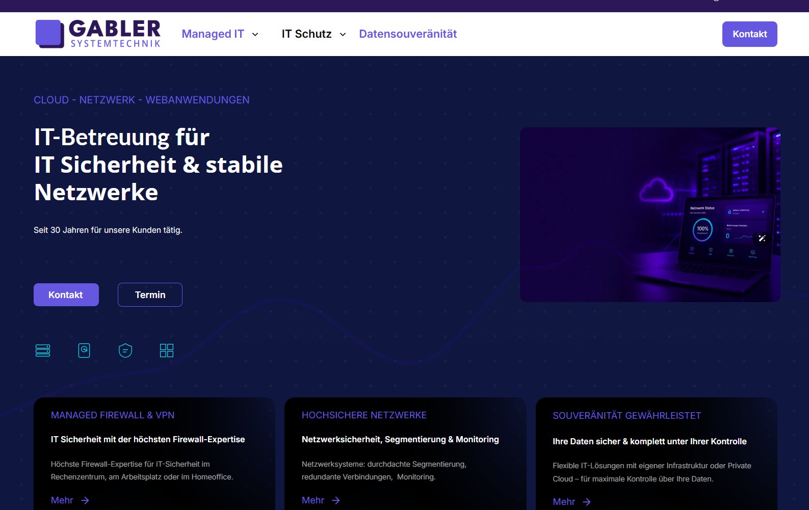 Startseite von Gabler Systemtechnik mit dunkelviolettem Hero und Leistungskarten zu Firewall, Netzwerken und Datensouveränität