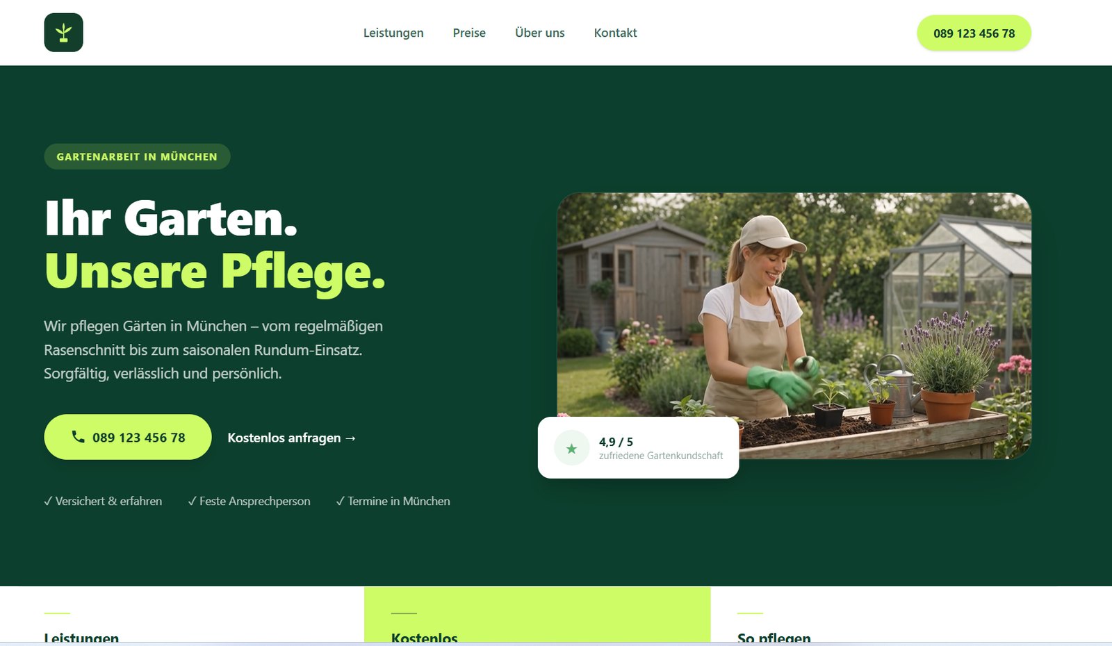 Landingpage eines Gartenservice mit dunkelgrünem Hintergrund und Foto einer Gärtnerin